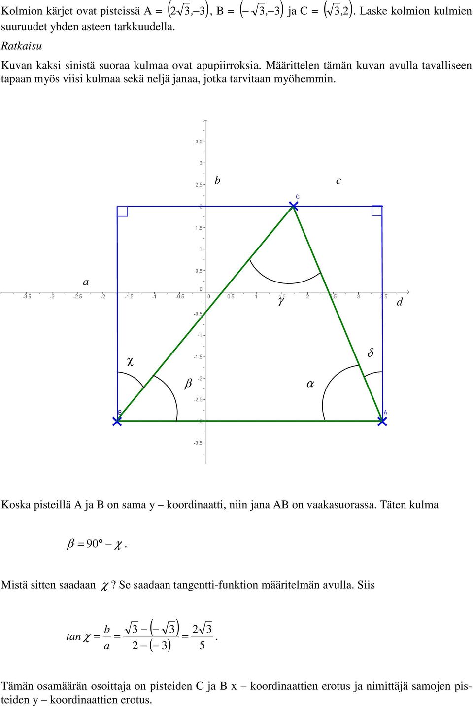 b c a γ d χ δ β α Koska pisteillä A ja B on sama y koordinaatti, niin jana AB on vaakasuorassa. Täten kulma β = 90 χ. Mistä sitten saadaan χ?