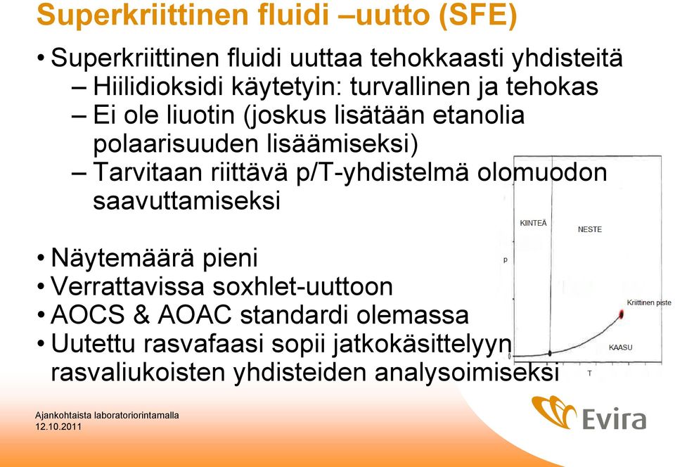 Tarvitaan riittävä p/t-yhdistelmä olomuodon saavuttamiseksi Näytemäärä pieni Verrattavissa soxhlet-uuttoon