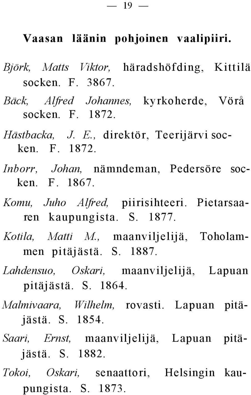 Pietarsaaren kaupungista. S. 1877. Kotila, Matti M., maanviljelijä, Toholammen pitäjästä. S. 1887. Lahdensuo, Oskari, maanviljelijä, Lapuan pitäjästä. S. 1864.