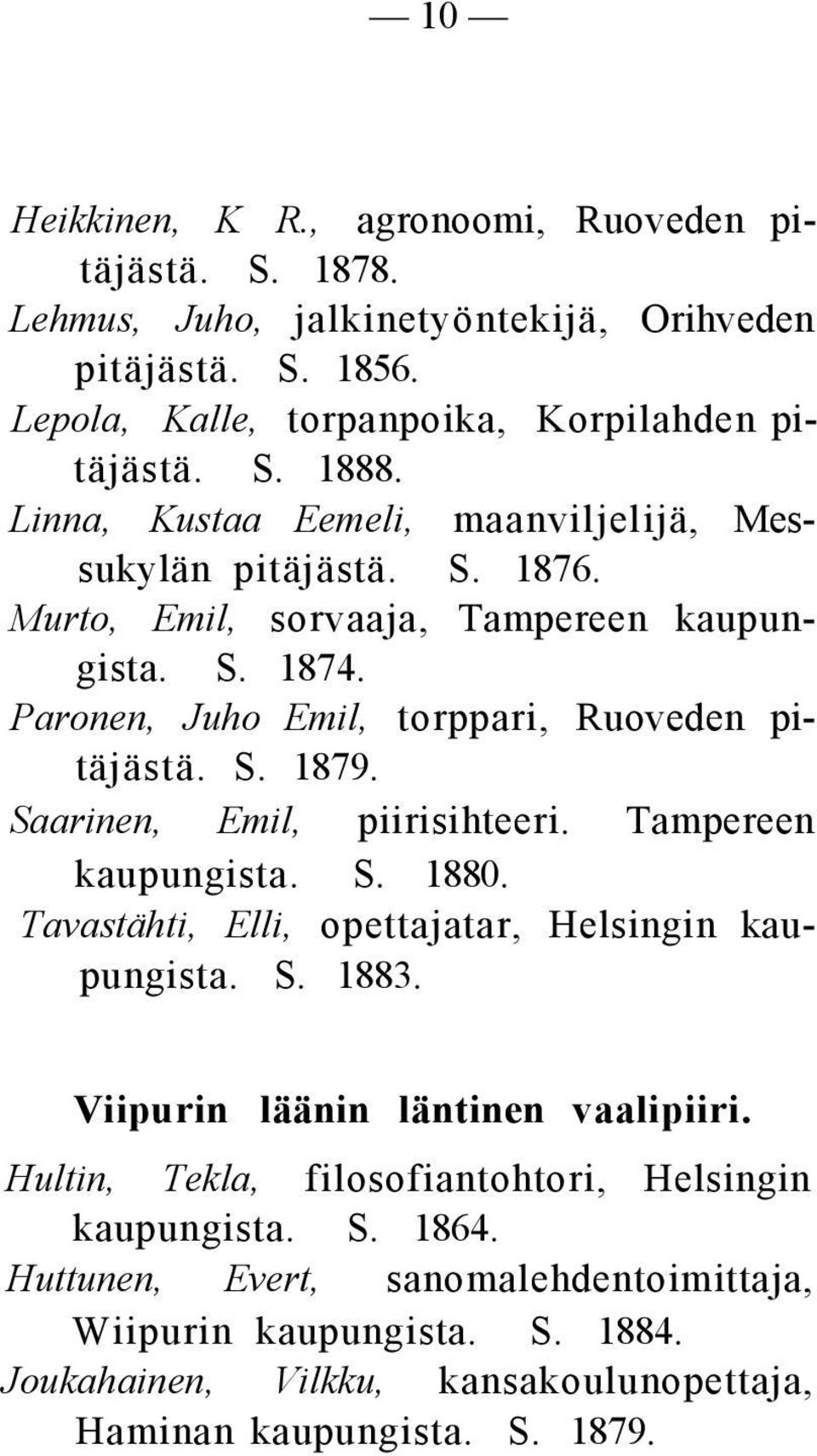 Saarinen, Emil, piirisihteeri. Tampereen kaupungista. S. 1880. Tavastähti, Elli, opettajatar, Helsingin kaupungista. S. 1883. Viipurin läänin läntinen vaalipiiri.