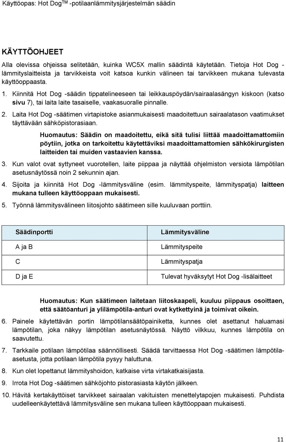 Kiinnitä Hot Dog -säädin tippatelineeseen tai leikkauspöydän/sairaalasängyn kiskoon (katso sivu 7), tai laita laite tasaiselle, vaakasuoralle pinnalle. 2.