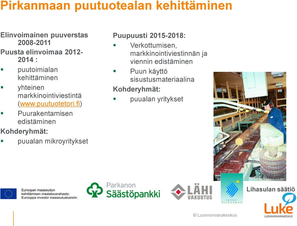 fi) Puurakentamisen edistäminen Kohderyhmät: puualan mikroyritykset Puupuusti 2015-2018: