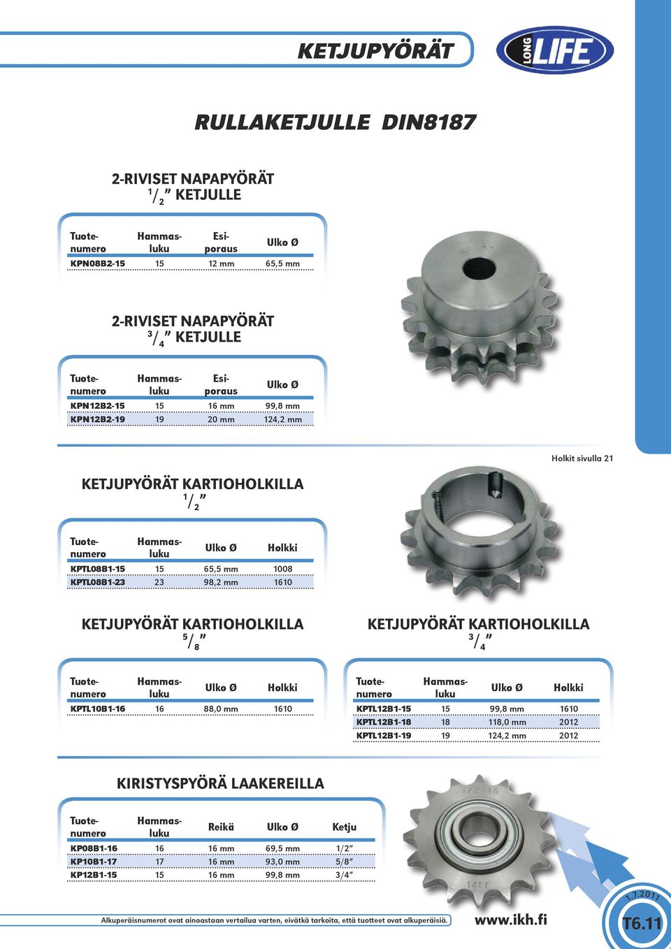 Ulko Ø Holkki KPTL10B1-16 16 88,0 mm 1610 Hammasluku Hammasluku Ulko Ø Holkki KPTL12B1-15 15 99,8 mm 1610 KPTL12B1-18 18 118,0 mm 2012 KPTL12B1-19 19 124,2 mm 2012 KIRISTYSPYÖRÄ LAAKEREILLA