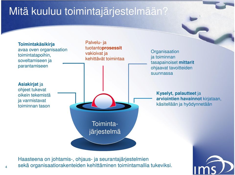 varmistavat toiminnan tason Palvelu- ja tuotantoprosessit vakioivat ja kehittävät toimintaa Organisaation ja toiminnan tasapainoiset mittarit