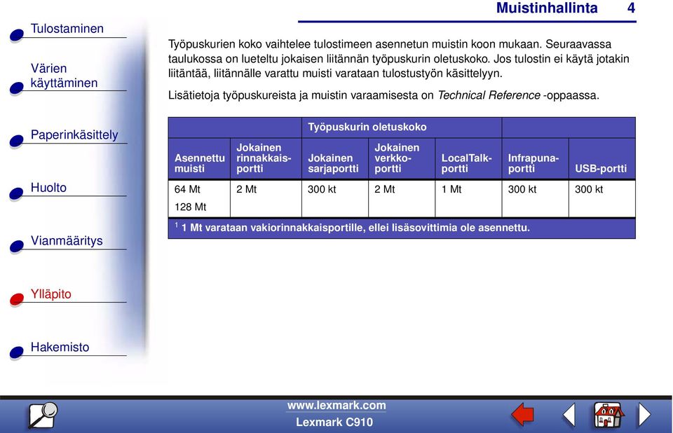 Lisätietoja työpuskureista ja muistin varaamisesta on Technical Reference -oppaassa.