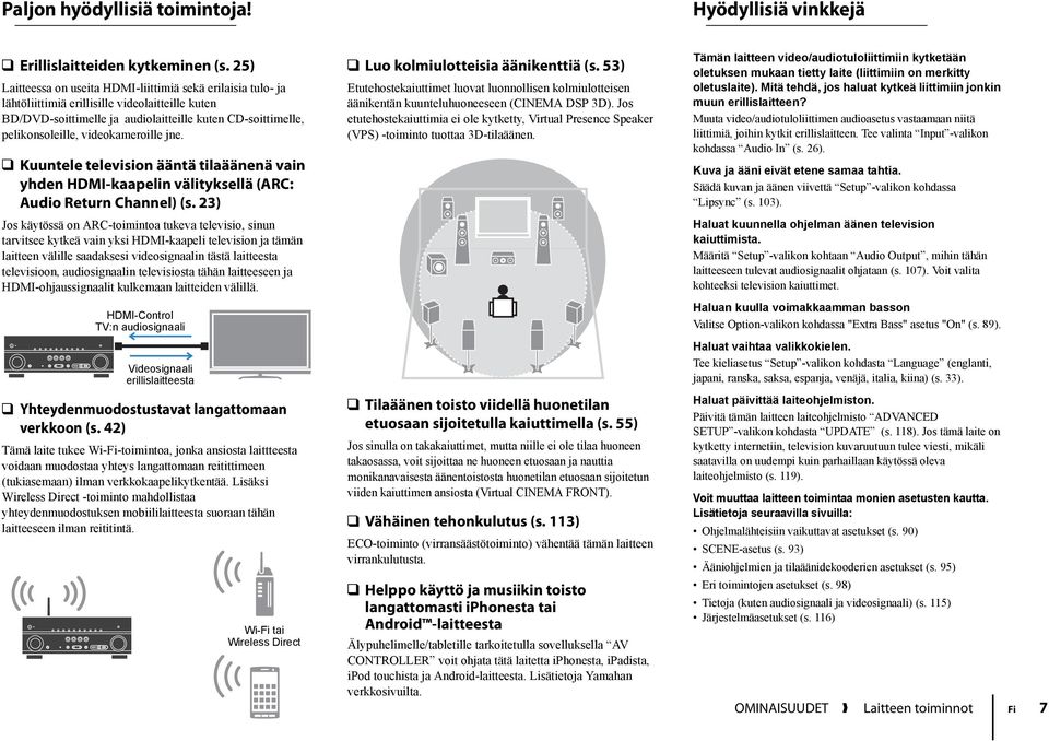 videokameroille jne. Kuuntele television ääntä tilaäänenä vain yhden HDMI-kaapelin välityksellä (ARC: Audio Return Channel) (s.