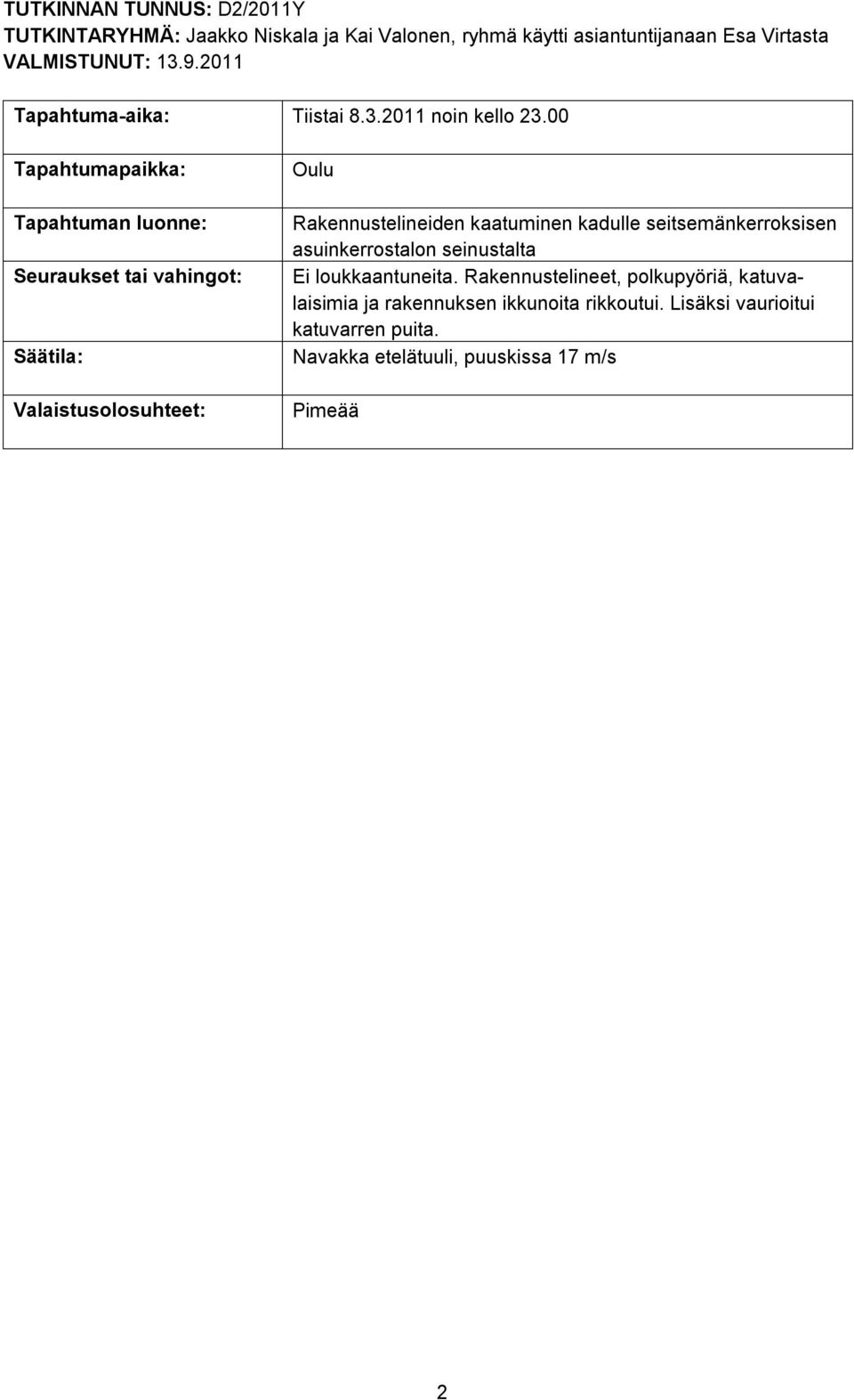 00 Tapahtumapaikka: Tapahtuman luonne: Seuraukset tai vahingot: Säätila: Valaistusolosuhteet: Oulu Rakennustelineiden kaatuminen kadulle