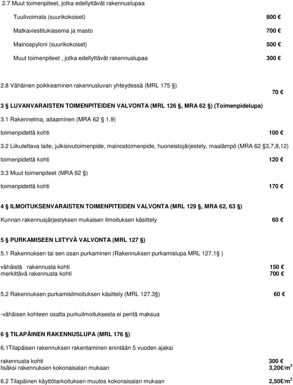 9) toimenpidettä kohti 100 3.2 Liikuteltava laite, julkisivutoimenpide, mainostoimenpide, huoneistojärjestely, maalämpö (MRA 62 3,7,8,12) toimenpidettä kohti 120 3.