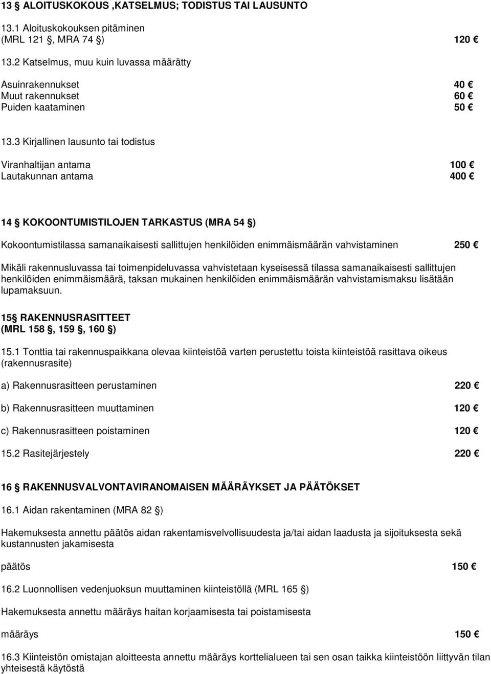 3 Kirjallinen lausunto tai todistus Viranhaltijan antama 100 Lautakunnan antama 400 14 KOKOONTUMISTILOJEN TARKASTUS (MRA 54 ) Kokoontumistilassa samanaikaisesti sallittujen henkilöiden enimmäismäärän