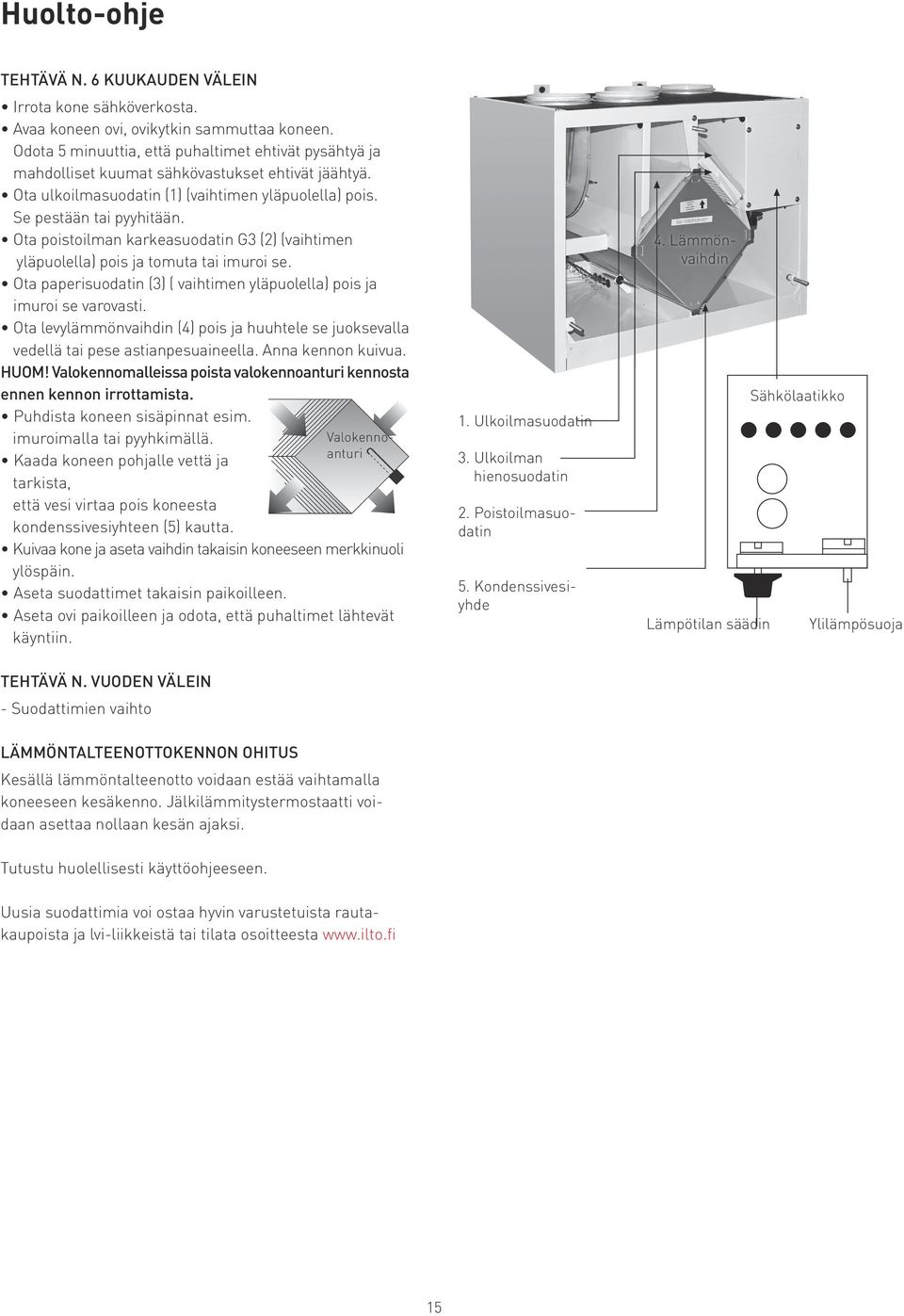 Ota poistoilman karkeasuodatin G () (vaihtimen yläpuolella) pois ja tomuta tai imuroi se. Ota paperisuodatin () ( vaihtimen yläpuolella) pois ja imuroi se varovasti.