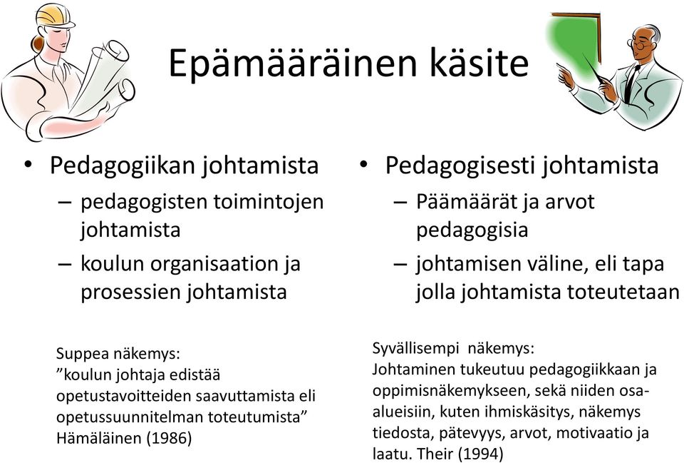 opetustavoitteiden saavuttamista eli opetussuunnitelman toteutumista Hämäläinen (1986) Syvällisempi näkemys: Johtaminen tukeutuu