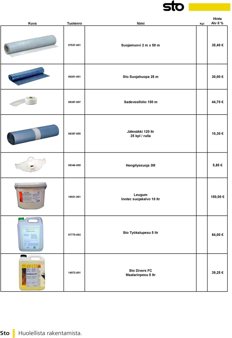 10,30 08346-005 Hengityssuoja 3M 5,85 18921-001 Leugum Inotec suojakalvo 10 ltr