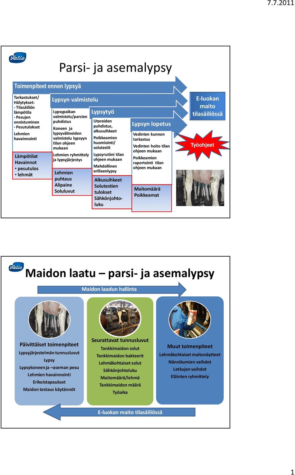 Lypsyrutiini tilan Mahdollinen erilleenlypsy Solutestien tulokset Lypsyn lopetus Vedinten kunnon tarkastus Vedinten hoito tilan raportointi tilan Maitomäärä Poikkeamat Maidon laatu parsi- ja