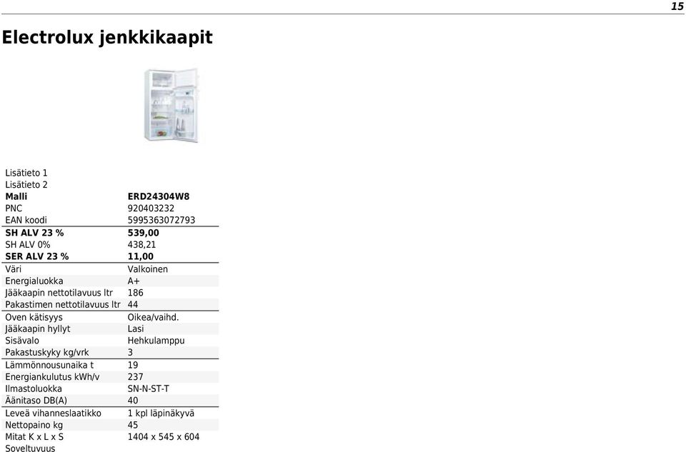 Ilmastoluokka Äänitaso DB() Leveä vihanneslaatikko Nettopaino kg Mitat K x L x S ERD2434W8 9243232