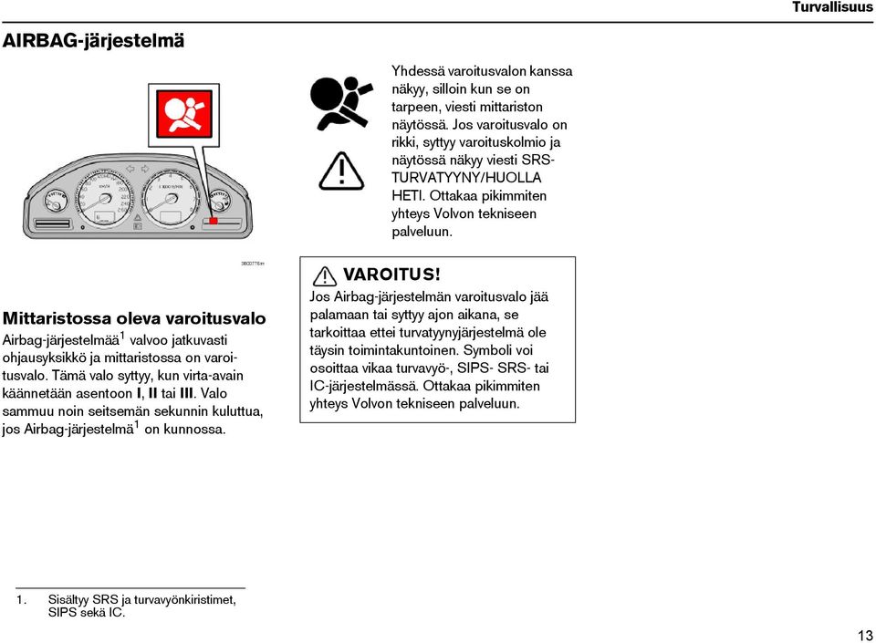 Mittaristossa oleva varoitusvalo Airbag-järjestelmää 1 valvoo jatkuvasti ohjausyksikkö ja mittaristossa on varoitusvalo. Tämä valo syttyy, kun virta-avain käännetään asentoon I, II tai III.