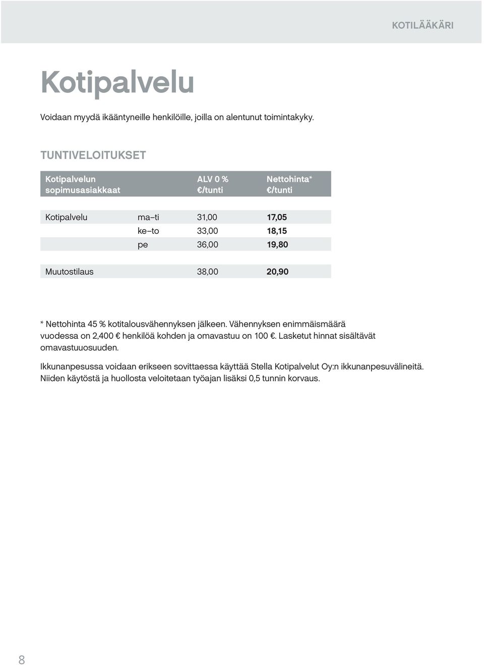 20,90 * Nettohinta 45 % kotitalousvähennyksen jälkeen. Vähennyksen enimmäismäärä vuodessa on 2,400 henkilöä kohden ja omavastuu on 100.