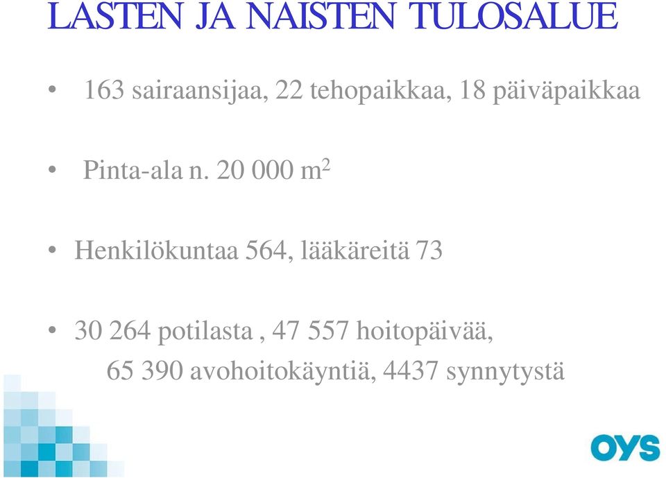 20 000 m 2 Henkilökuntaa 564, lääkäreitä 73 30 264