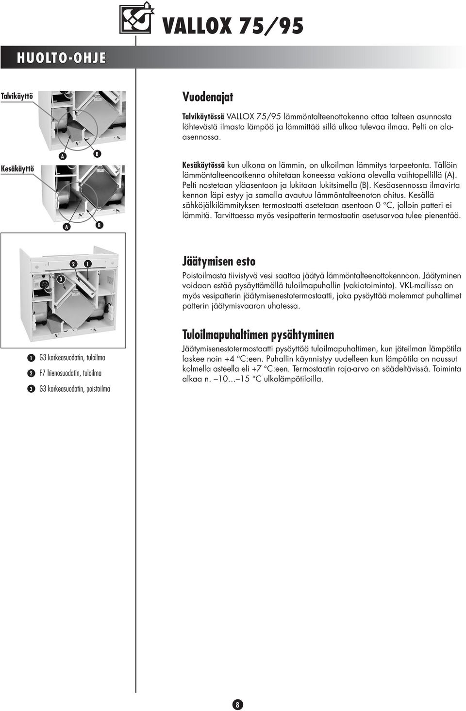 Pelti nostetaan yläasentoon ja lukitaan lukitsimella (B). Kesäasennossa ilmavirta kennon läpi estyy ja samalla avautuu lämmöntalteenoton ohitus.