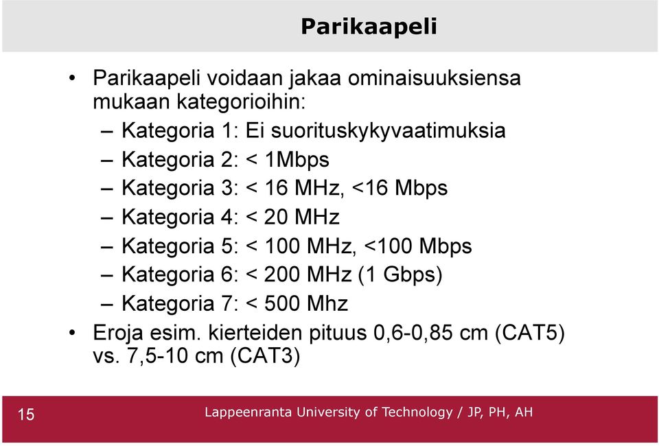 Kategoria 4: < 20 MHz Kategoria 5: < 100 MHz, <100 Mbps Kategoria 6: < 200 MHz (1 Gbps)