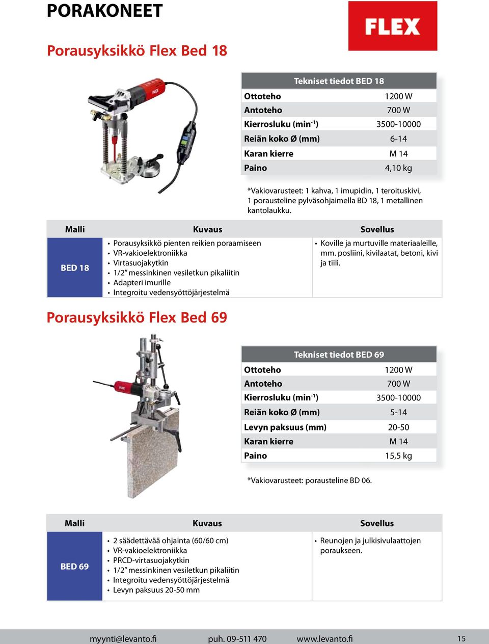 4,10 kg *Vakiovarusteet: 1 kahva, 1 imupidin, 1 teroituskivi, 1 porausteline pylväsohjaimella BD 18, 1 metallinen kantolaukku. Koville ja murtuville materiaaleille, mm.