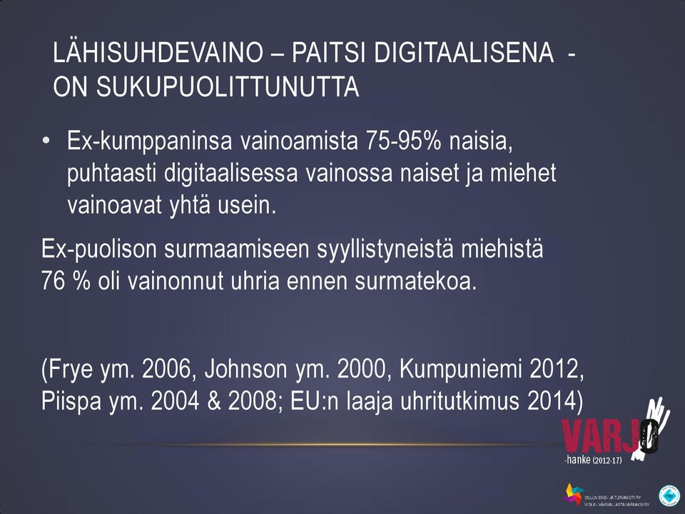 Ex-puolison surmaamiseen syyllistyneistä miehistä 76 % oli vainonnut uhria ennen surmatekoa.
