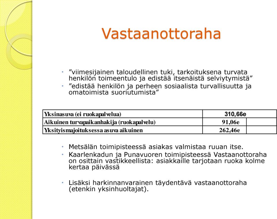 Yksityismajoituksessa asuva aikuinen 262,46e Metsälän toimipisteessä asiakas valmistaa ruuan itse.