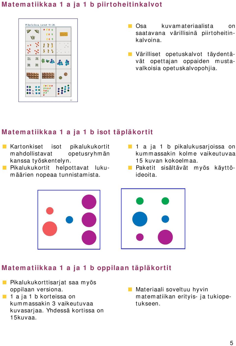 Matematiikkaa 1 a ja 1 b isot täpläkortit Kartonkiset isot pikalukukortit mahdollistavat opetusryhmän kanssa työskentelyn. Pikalukukortit helpottavat lukumäärien nopeaa tunnistamista.