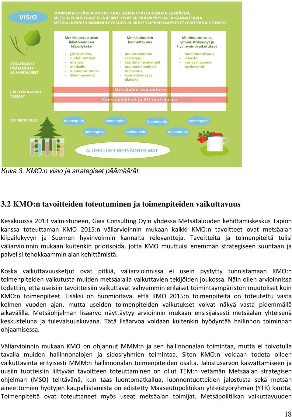 2 KMO:n tavoitteiden toteutuminen ja toimenpiteiden vaikuttavuus Kesäkuussa 2013 valmistuneen, Gaia Consulting Oy:n yhdessä Metsätalouden kehittämiskeskus Tapion kanssa toteuttaman KMO 2015:n