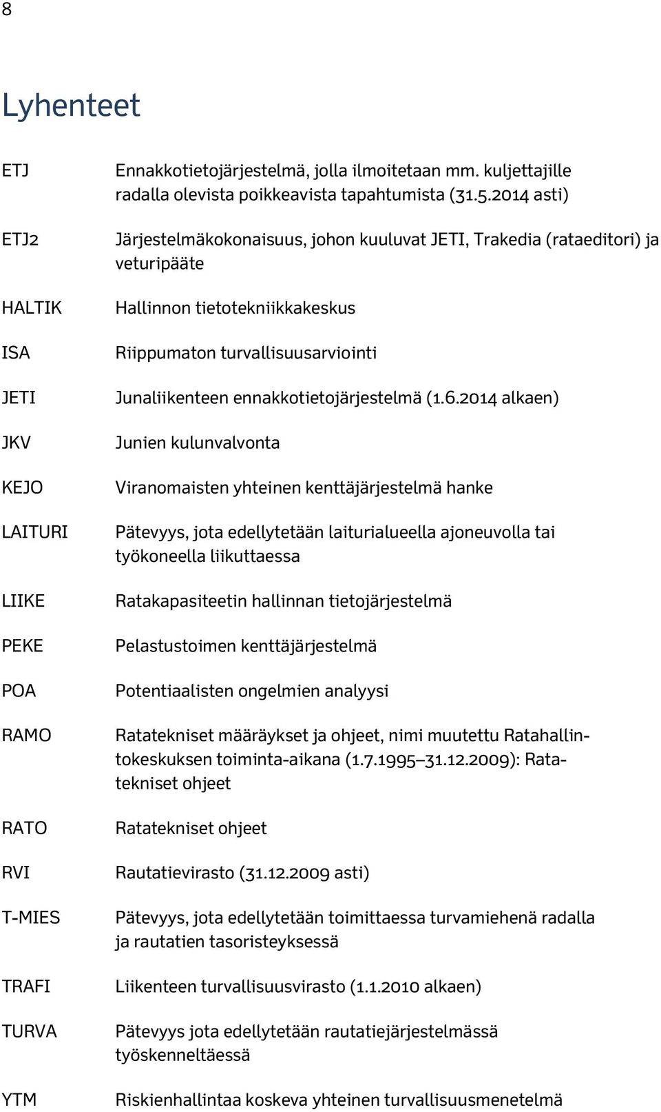 2014 asti) Järjestelmäkokonaisuus, johon kuuluvat JETI, Trakedia (rataeditori) ja veturipääte Hallinnon tietotekniikkakeskus Riippumaton turvallisuusarviointi Junaliikenteen ennakkotietojärjestelmä