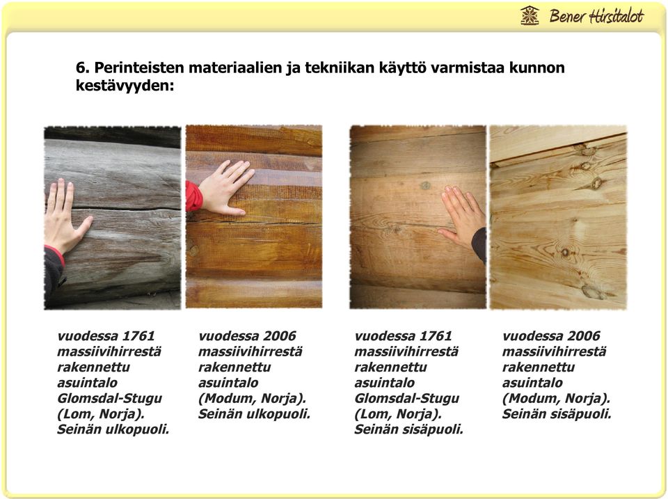 vuodessa 2006 massiivihirrestä rakennettu asuintalo (Modum, Norja). Seinän ulkopuoli.