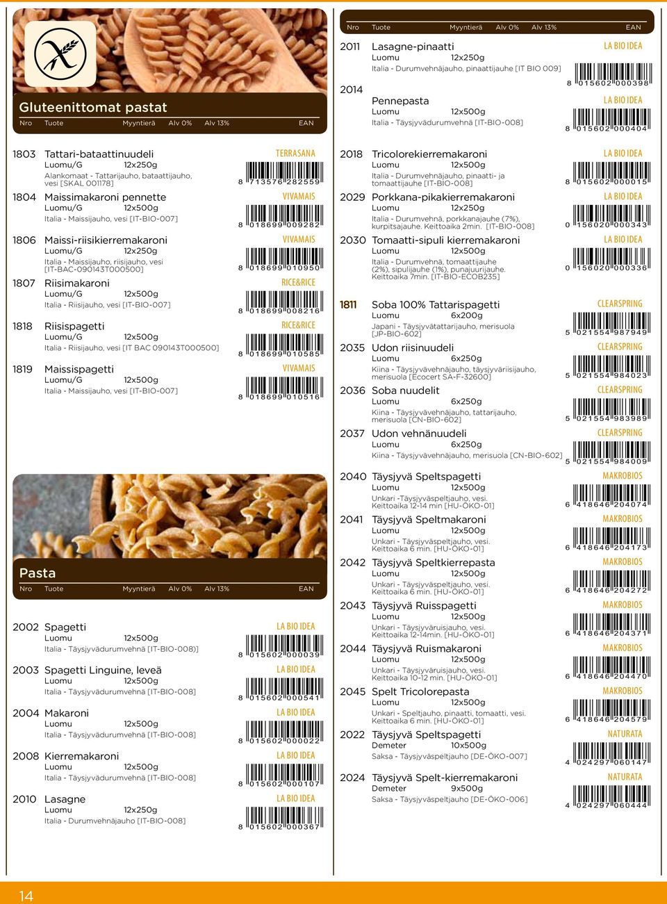 Maissimakaroni pennette VivaMais /G 12x500g Italia - Maissijauho, vesi [IT-BIO-007] 1806 Maissi-riisikierremakaroni VivaMais /G 12x250g Italia - Maissijauho, riisijauho, vesi [IT-BAC-090143T000500]
