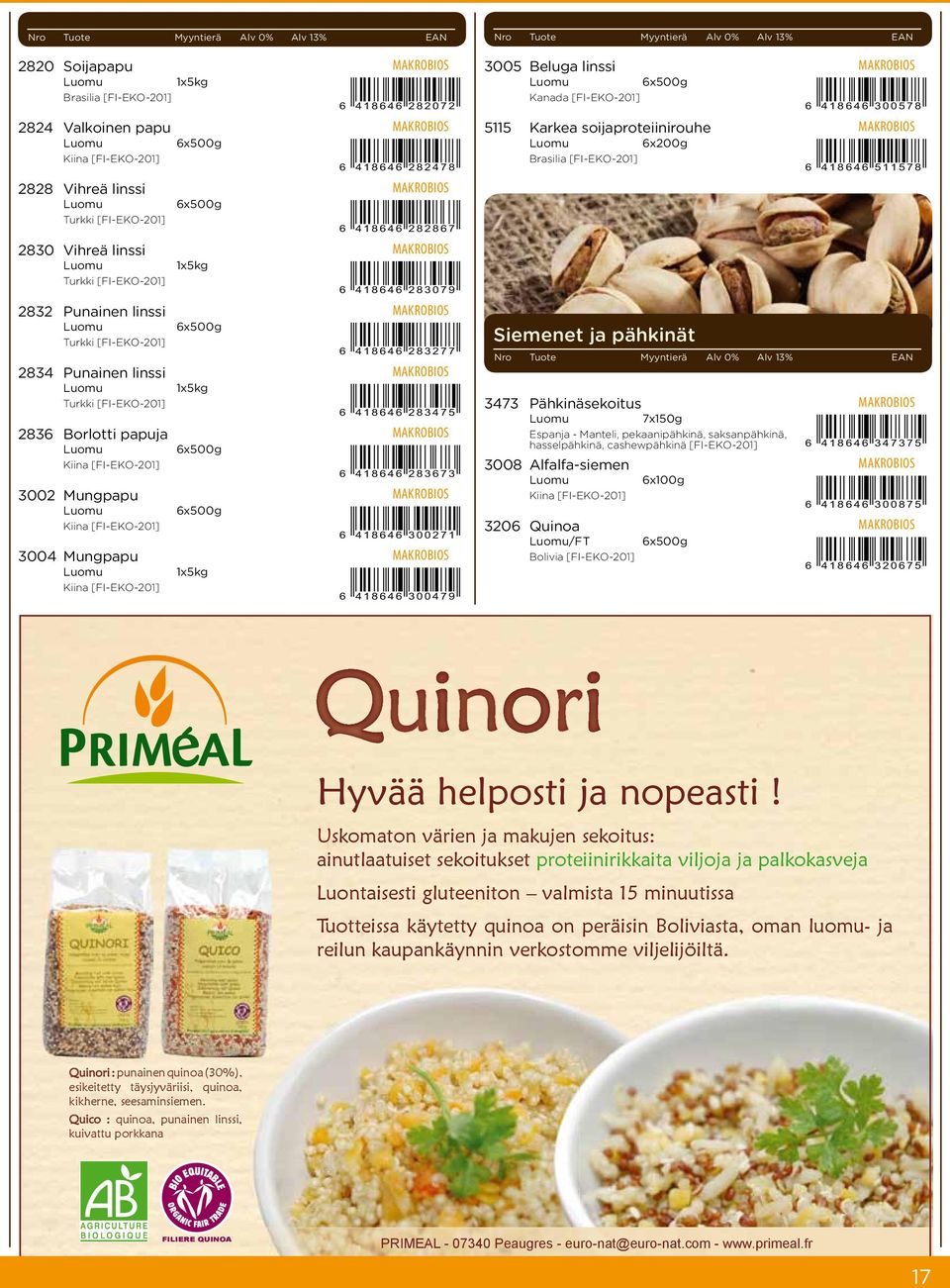 418646 283475 2836 Borlotti papuja MakroBios Kiina [FI-EKO-201] 6 418646 283673 3002 Mungpapu MakroBios Kiina [FI-EKO-201] 6 418646 300271 3004 Mungpapu MakroBios 1x5kg Kiina [FI-EKO-201] 6 418646