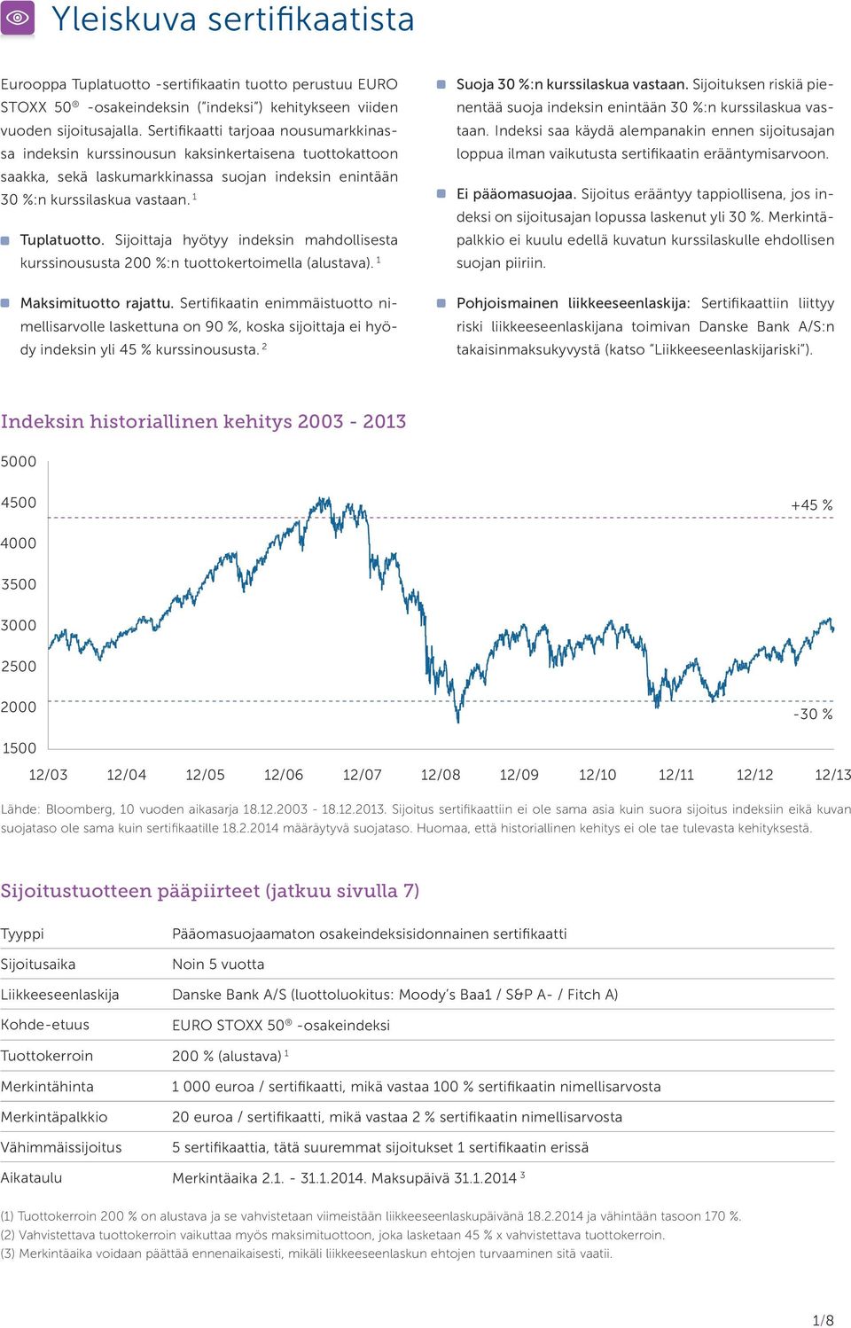 Sijoittaja hyötyy indeksin mahdollisesta kurssinoususta 200 %:n tuottokertoimella (alustava). 1 Maksimituotto rajattu.