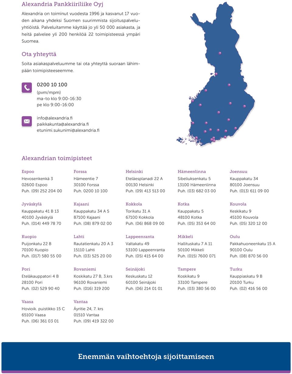 Ota yhteyttä Soita asiakaspalveluumme tai ota yhteyttä suoraan lähimpään toimipisteeseemme. 0200 10 100 (pvm/mpm) ma-to klo 9:00-16:30 pe klo 9:00-16:00 info@alexandria.fi paikkakunta@alexandria.