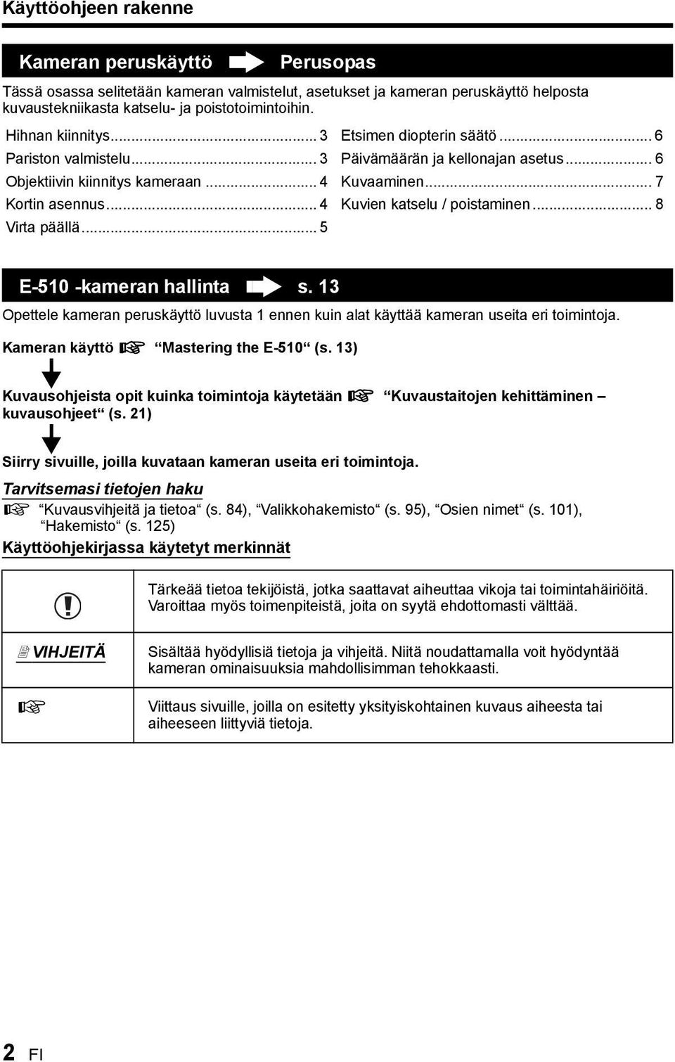 .. 4 Kuvien katselu / poistaminen... 8 Virta päällä... 5 E-510 -kameran hallinta s. 13 Opettele kameran peruskäyttö luvusta 1 ennen kuin alat käyttää kameran useita eri toimintoja.