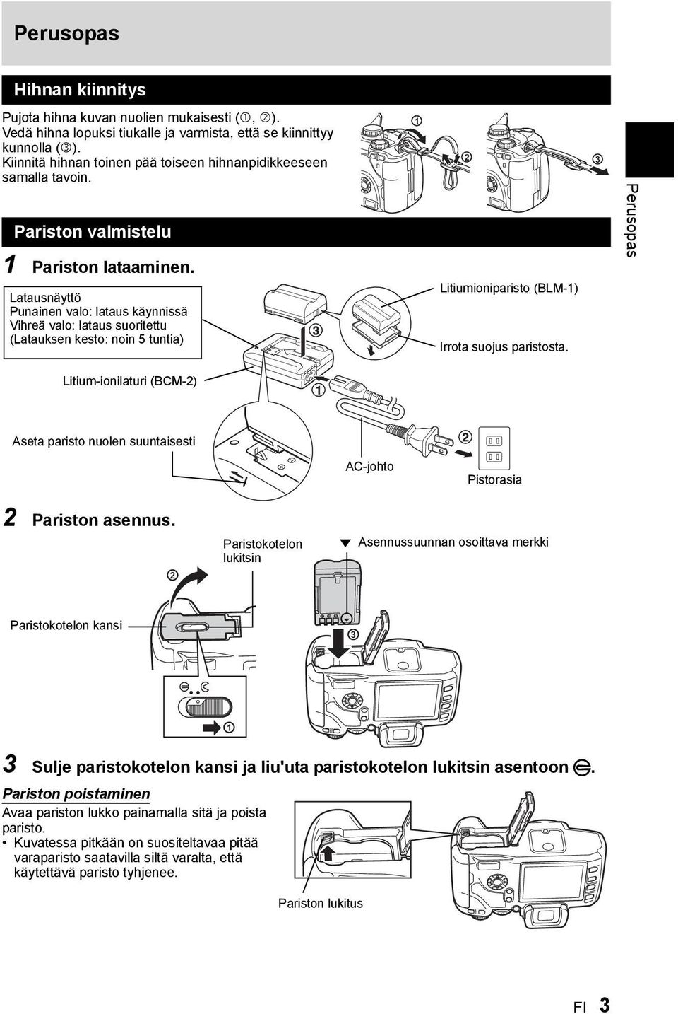 Latausnäyttö Punainen valo: lataus käynnissä Vihreä valo: lataus suoritettu (Latauksen kesto: noin 5 tuntia) 1 2 Litiumioniparisto (BLM-1) Irrota suojus paristosta.