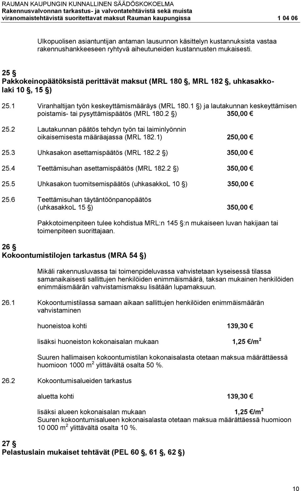 1 ) ja lautakunnan keskeyttämisen poistamis- tai pysyttämispäätös (MRL 180.2 ) 350,00 25.2 Lautakunnan päätös tehdyn työn tai laiminlyönnin oikaisemisesta määräajassa (MRL 182.1) 250,00 25.