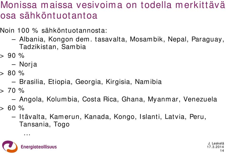 tasavalta, Mosambik, Nepal, Paraguay, Tadzikistan, Sambia > 90 % Norja > 80 % Brasilia, Etiopia,