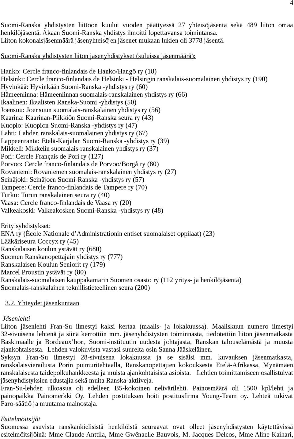 Suomi-Ranska yhdistysten liiton jäsenyhdistykset (suluissa jäsenmäärä): Hanko: Cercle franco-finlandais de Hanko/Hangö ry (18) Helsinki: Cercle franco-finlandais de Helsinki - Helsingin