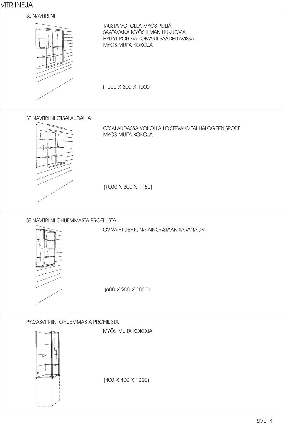 TAI HALOGEENISPOTIT (1000 X 300 X 1150) SEINÄVITRIINI OHUEMMASTA PROFIILISTA OVIVAIHTOEHTONA
