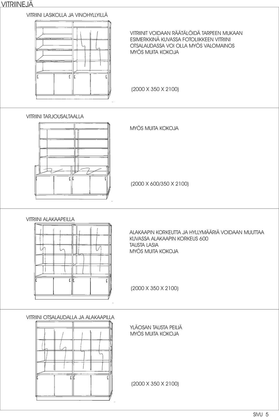 2100) VITRIINI ALAKAAPEILLA ALAKAAPIN KORKEUTTA JA HYLLYMÄÄRIÄ VOIDAAN MUUTTAA KUVASSA ALAKAAPIN KORKEUS 600
