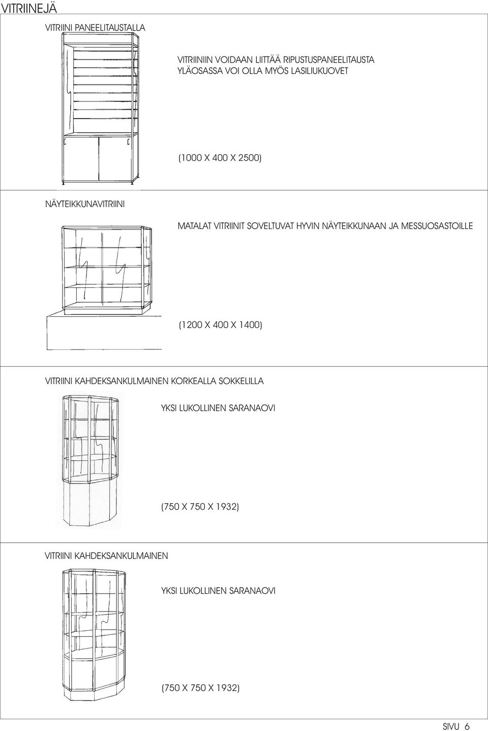 JA MESSUOSASTOILLE (1200 X 400 X 1400) VITRIINI KAHDEKSANKULMAINEN KORKEALLA SOKKELILLA YKSI LUKOLLINEN