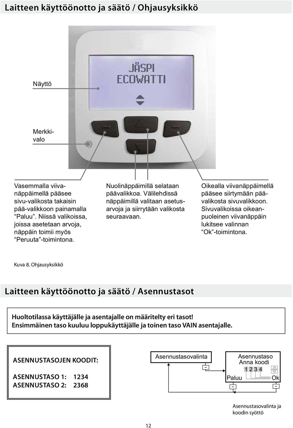 Välilehdissä näppäimillä valitaan asetusarvoja ja siirrytään valikosta seuraavaan. Oikealla viivanäppäimellä pääsee siirtymään päävalikosta sivuvalikkoon.