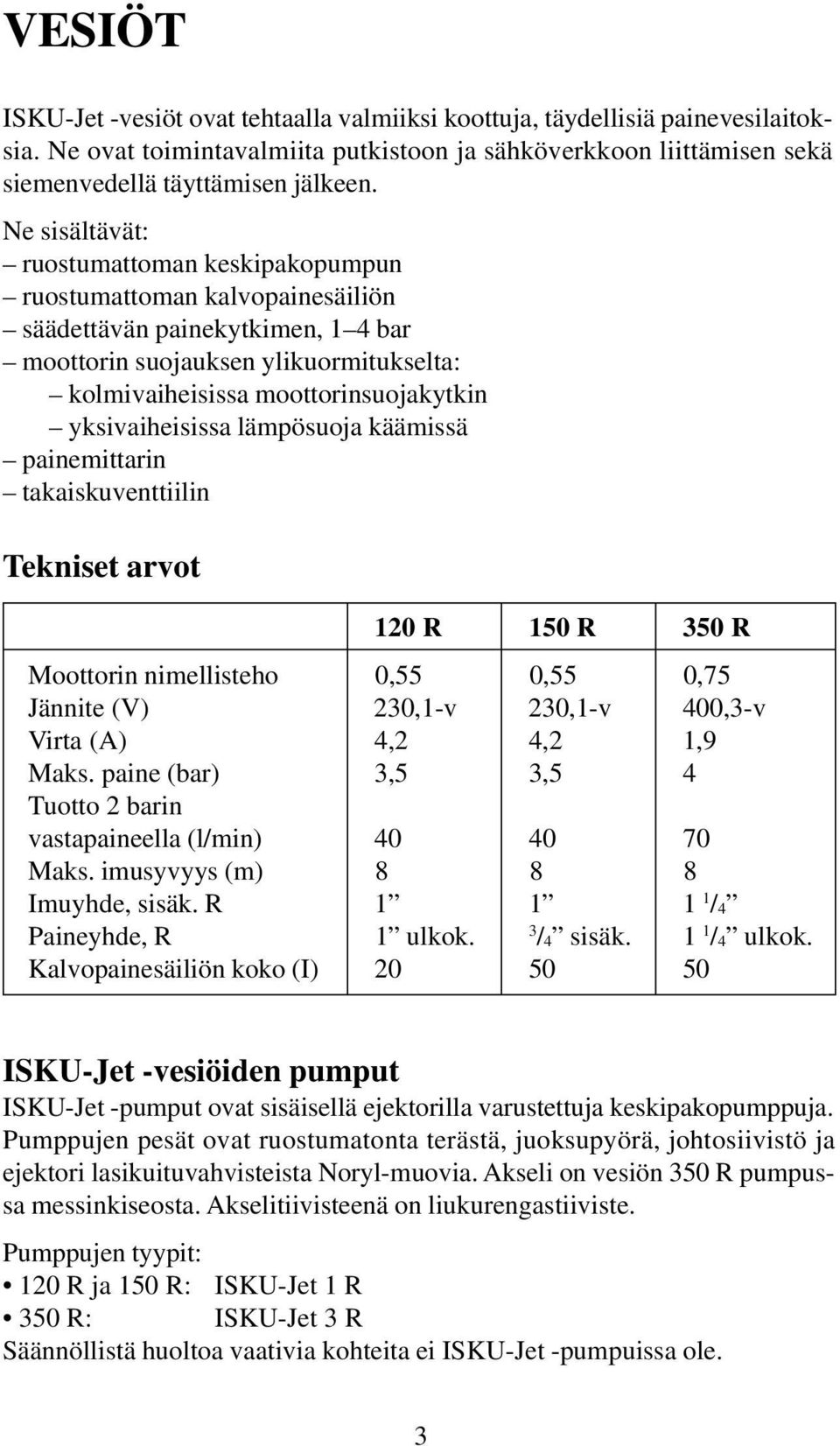 yksivaiheisissa lämpösuoja käämissä painemittarin takaiskuventtiilin Tekniset arvot 120 R 150 R 350 R Moottorin nimellisteho 0,55 0,55 0,75 Jännite (V) 230,1-v 230,1-v 400,3-v Virta (A) 4,2 4,2 1,9