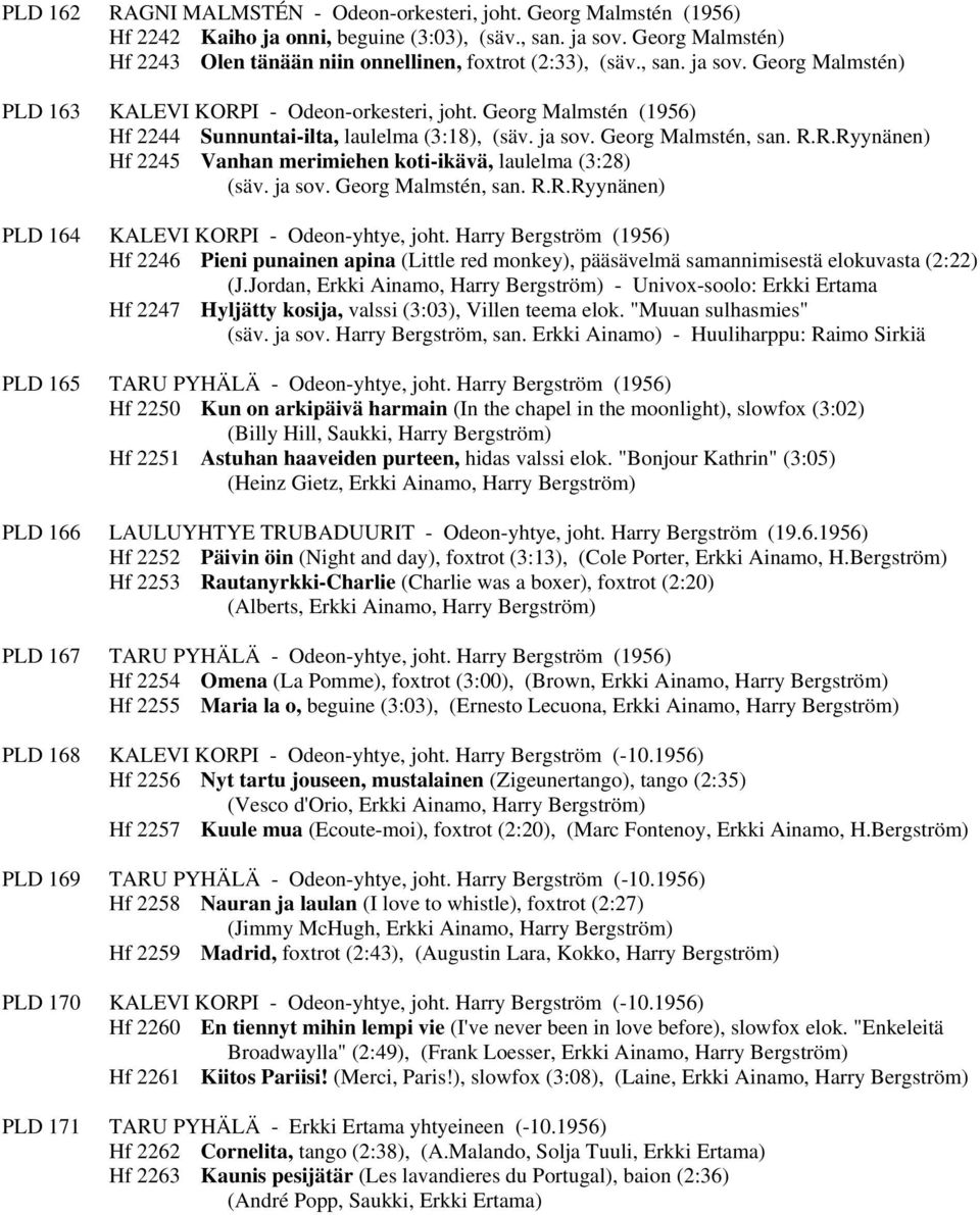 Georg Malmstén (1956) Hf 2244 Sunnuntai-ilta, laulelma (3:18), (säv. ja sov. Georg Malmstén, san. R.R.Ryynänen) Hf 2245 Vanhan merimiehen koti-ikävä, laulelma (3:28) (säv. ja sov. Georg Malmstén, san. R.R.Ryynänen) PLD 164 KALEVI KORPI - Odeon-yhtye, joht.
