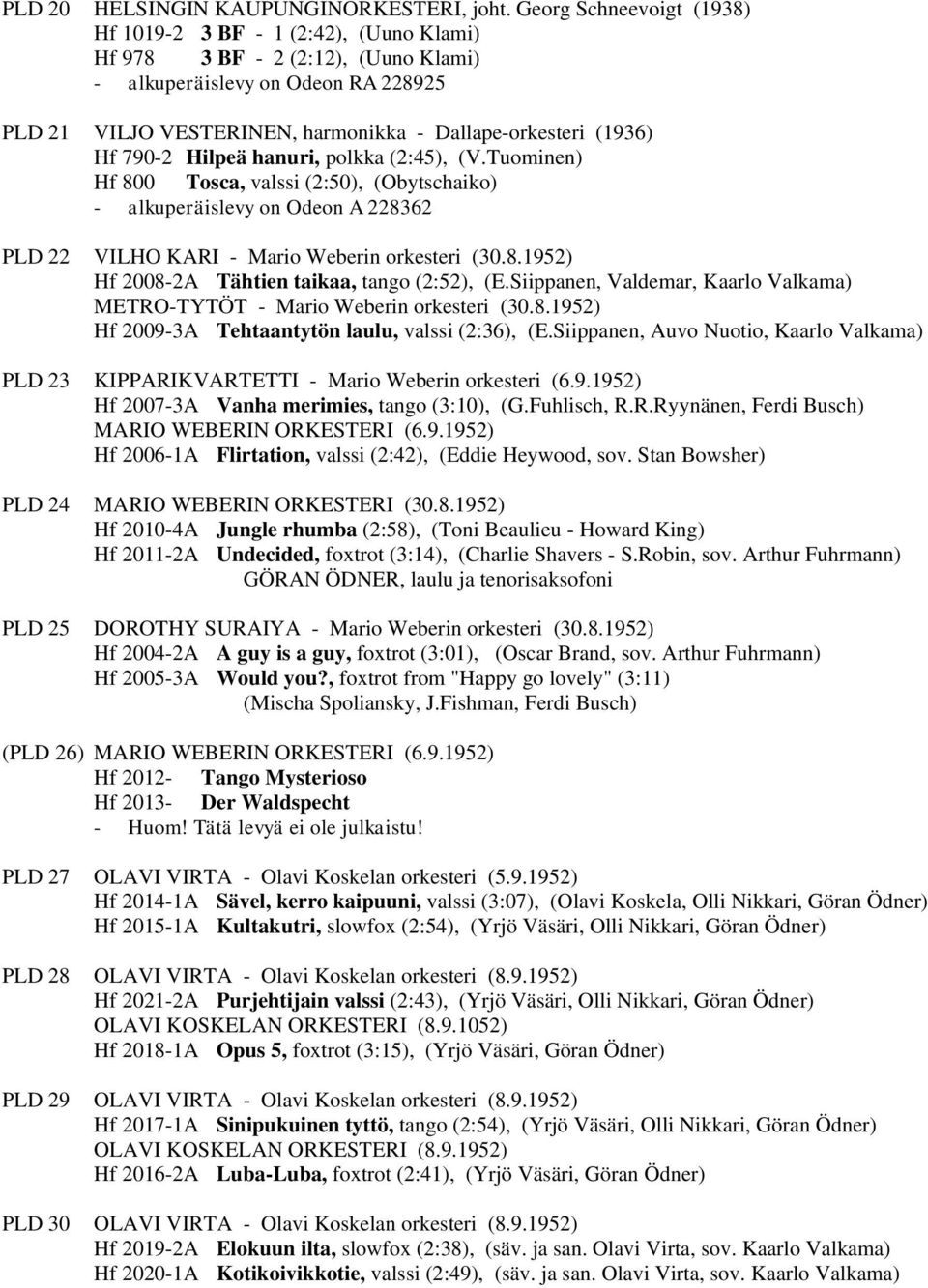 (1936) Hf 790-2 Hilpeä hanuri, polkka (2:45), (V.Tuominen) Hf 800 Tosca, valssi (2:50), (Obytschaiko) - alkuperäislevy on Odeon A 228362 PLD 22 VILHO KARI - Mario Weberin orkesteri (30.8.1952) Hf 2008-2A Tähtien taikaa, tango (2:52), (E.