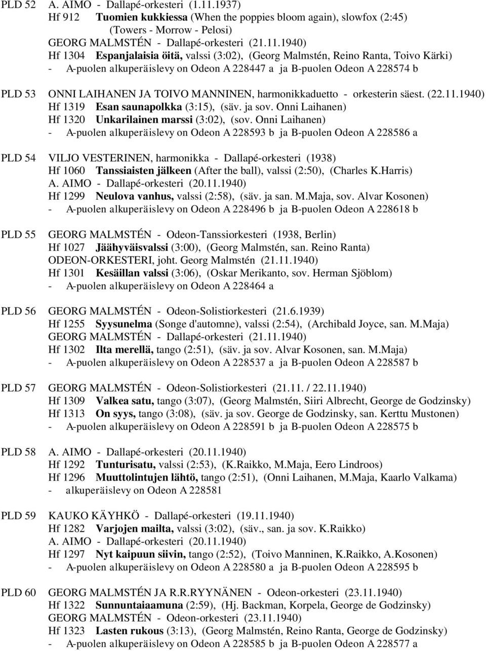 1940) Hf 1304 Espanjalaisia öitä, valssi (3:02), (Georg Malmstén, Reino Ranta, Toivo Kärki) - A-puolen alkuperäislevy on Odeon A 228447 a ja B-puolen Odeon A 228574 b PLD 53 ONNI LAIHANEN JA TOIVO