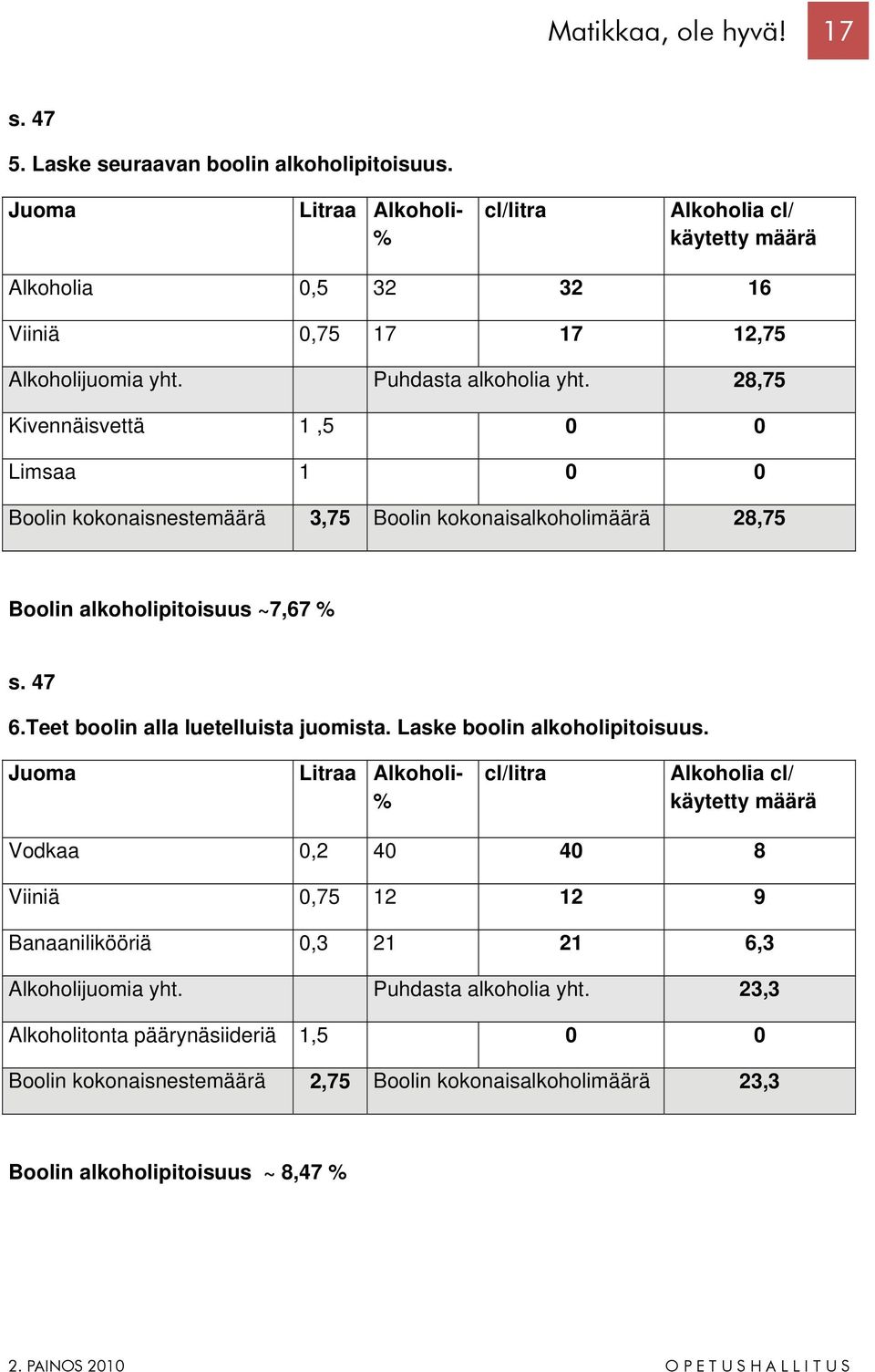 28,75 Kivennäisvettä 1,5 0 0 Limsaa 1 0 0 Boolin kokonaisnestemäärä 3,75 Boolin kokonaisalkoholimäärä 28,75 Boolin alkoholipitoisuus ~7,67 % s. 47 6.Teet boolin alla luetelluista juomista.