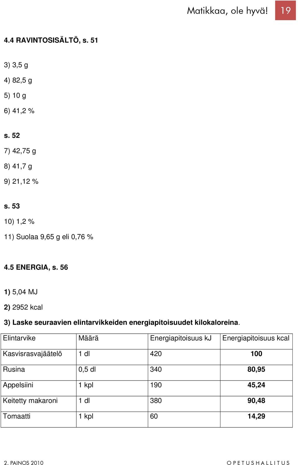 56 1) 5,04 MJ 2) 2952 kcal 3) Laske seuraavien elintarvikkeiden energiapitoisuudet kilokaloreina.