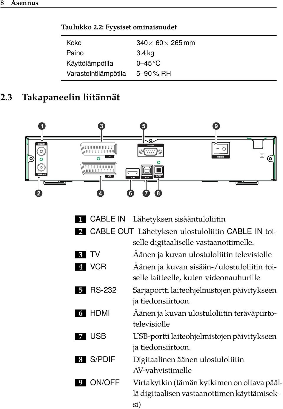 4 VCR Äänen ja kuvan sisään-/ulostuloliitin toiselle laitteelle, kuten videonauhurille.5 RS-232 Sarjaportti laiteohjelmistojen päivitykseen ja tiedonsiirtoon.